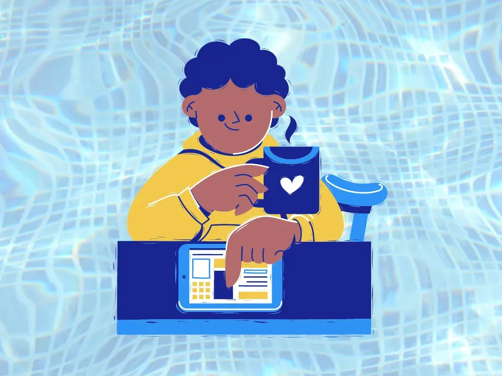 illustration of a character with a cup of coffee and a tablet