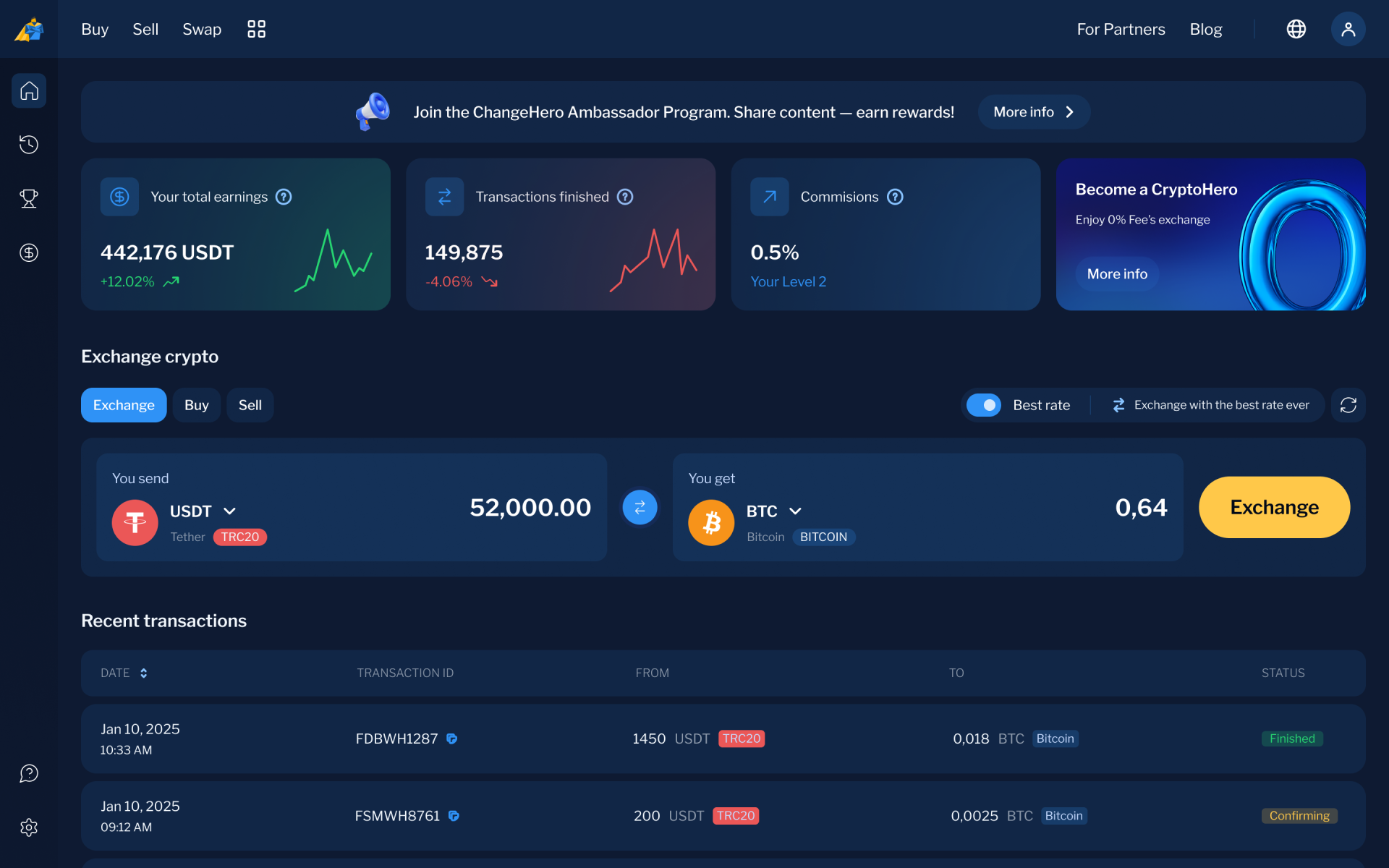 changehero dashboard main page