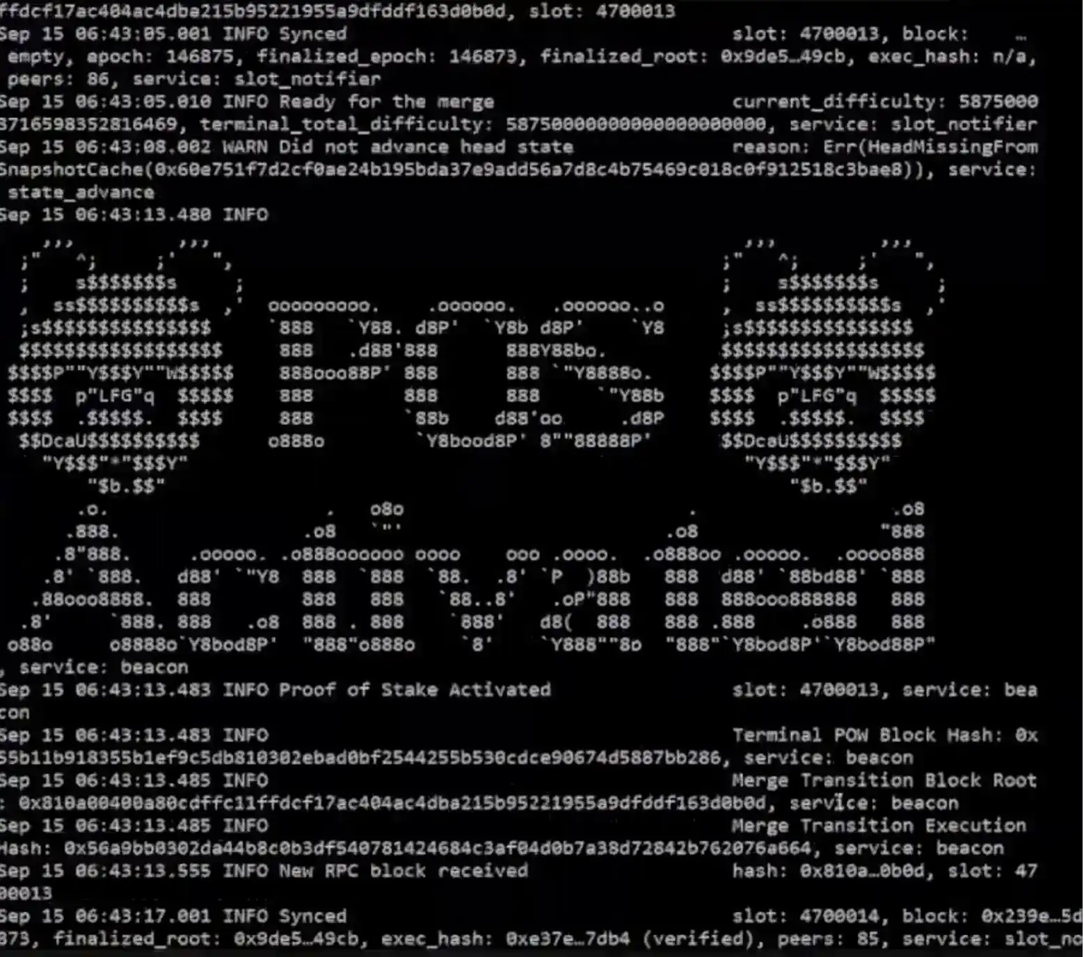 Block message in the first post-Merge block reads PoS activated