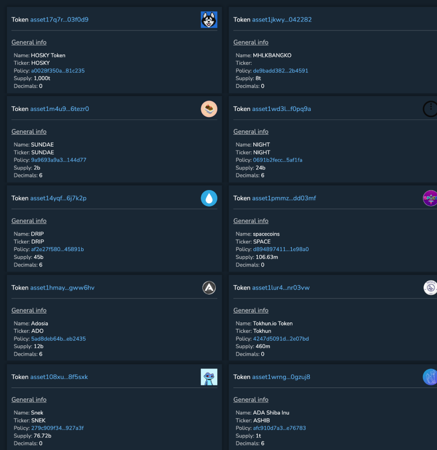 10 most held cardano tokens