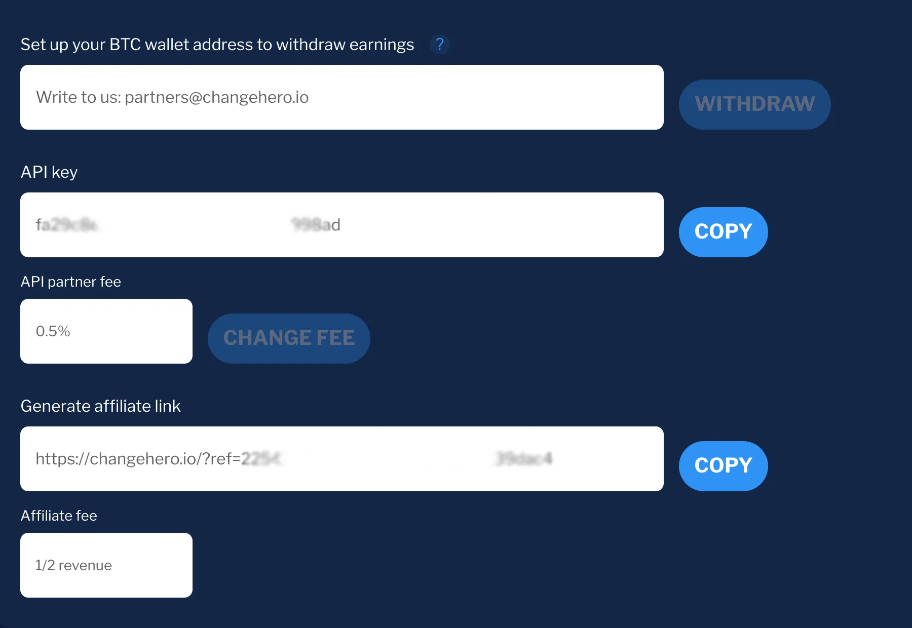 API key and referral links in the ChangeHero affiliate dashboard