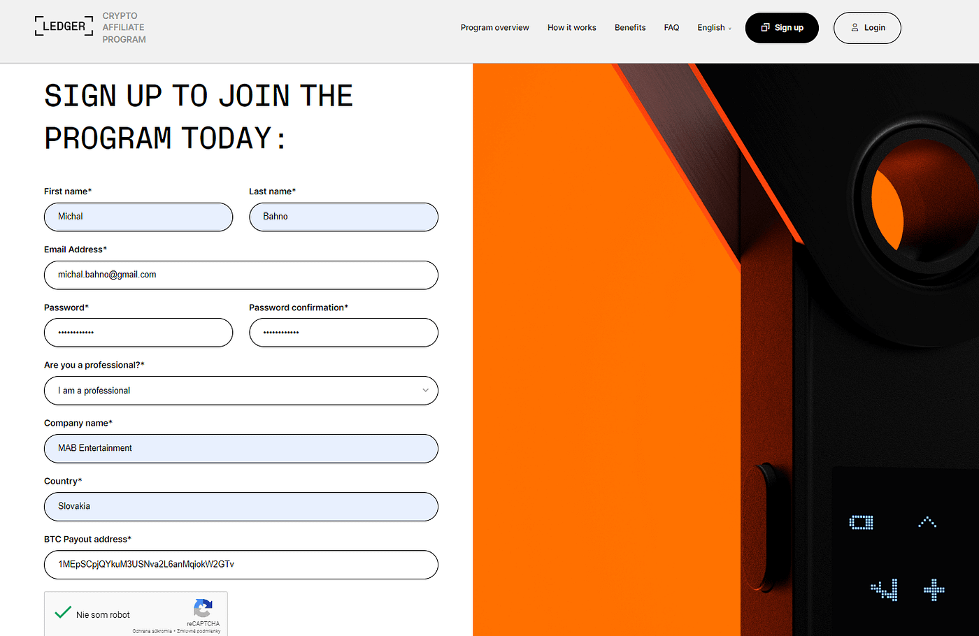 ledger affiliate login form
