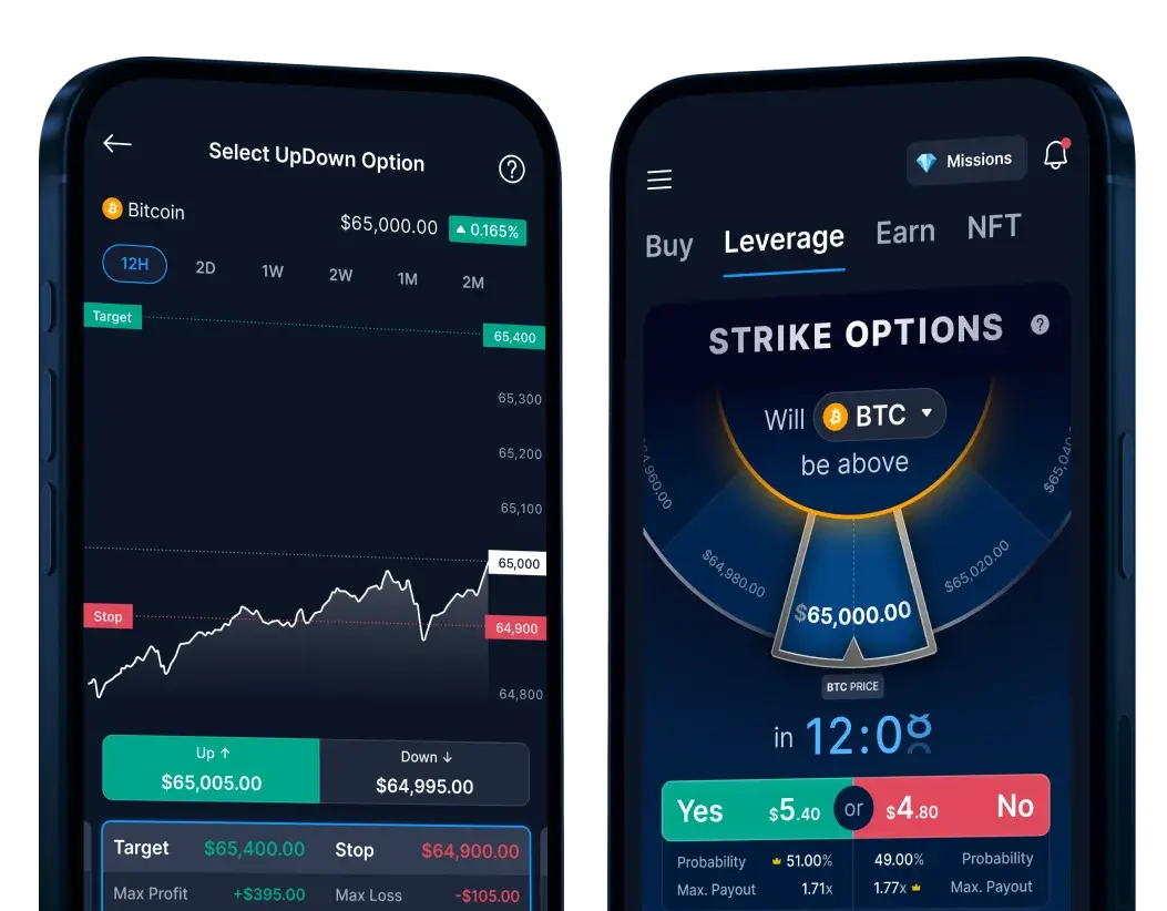 mobile trading app interface for trading crypto derivatives, strike options