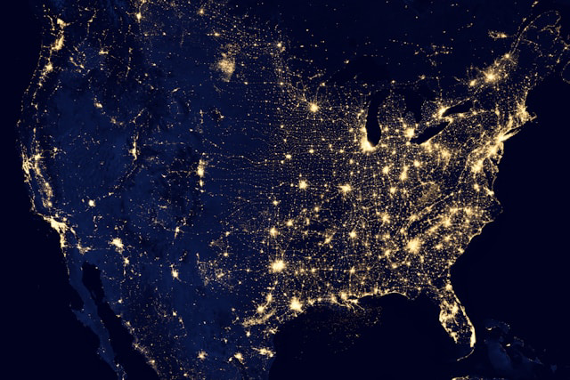 usa at night aerial photo