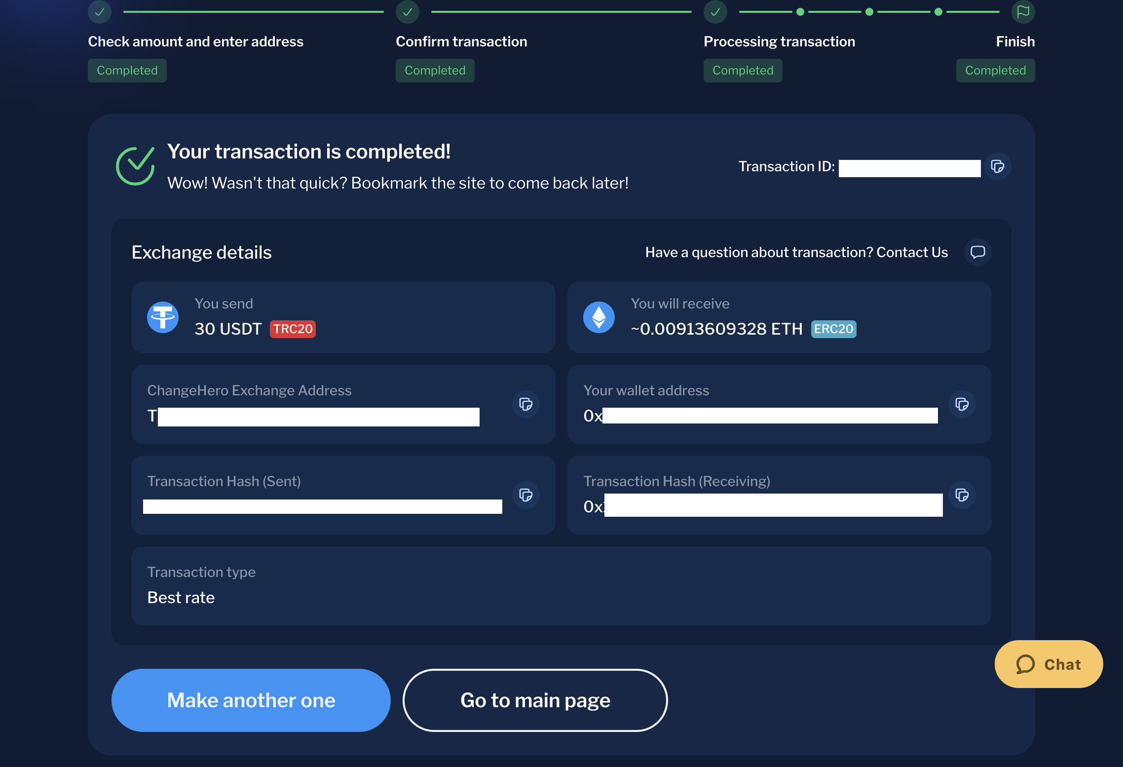 transaction finish screen changehero