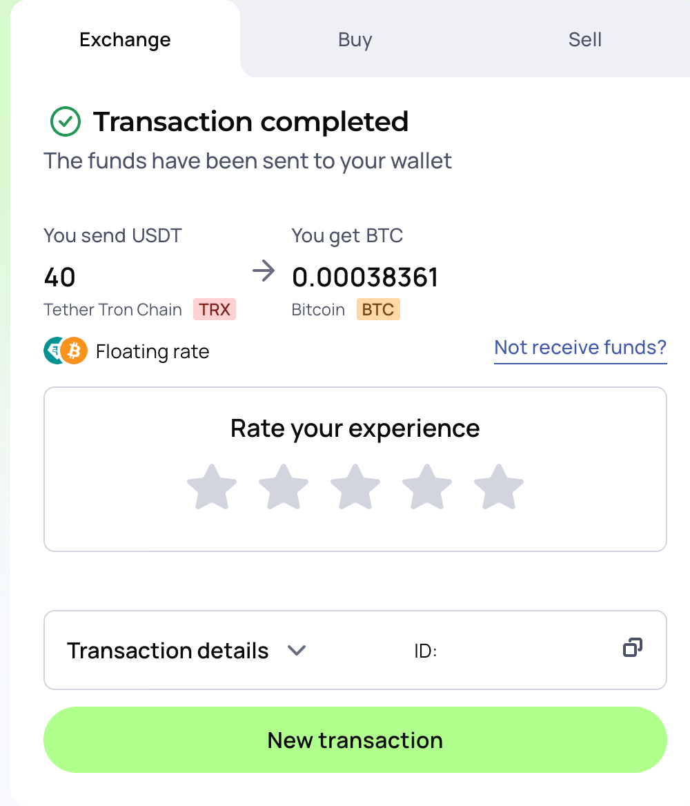changelly transaction finish screen