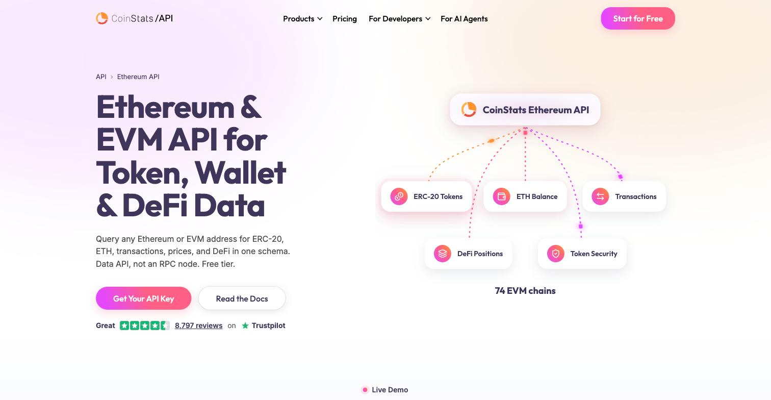coinstats ethereum api landing page