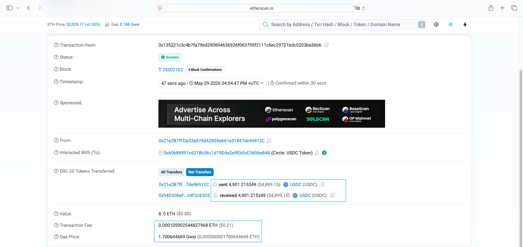 etherscan usdc transfer page