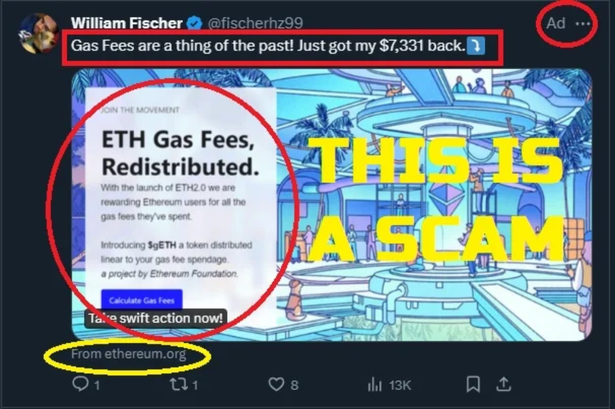 ETH gas scam ad on X