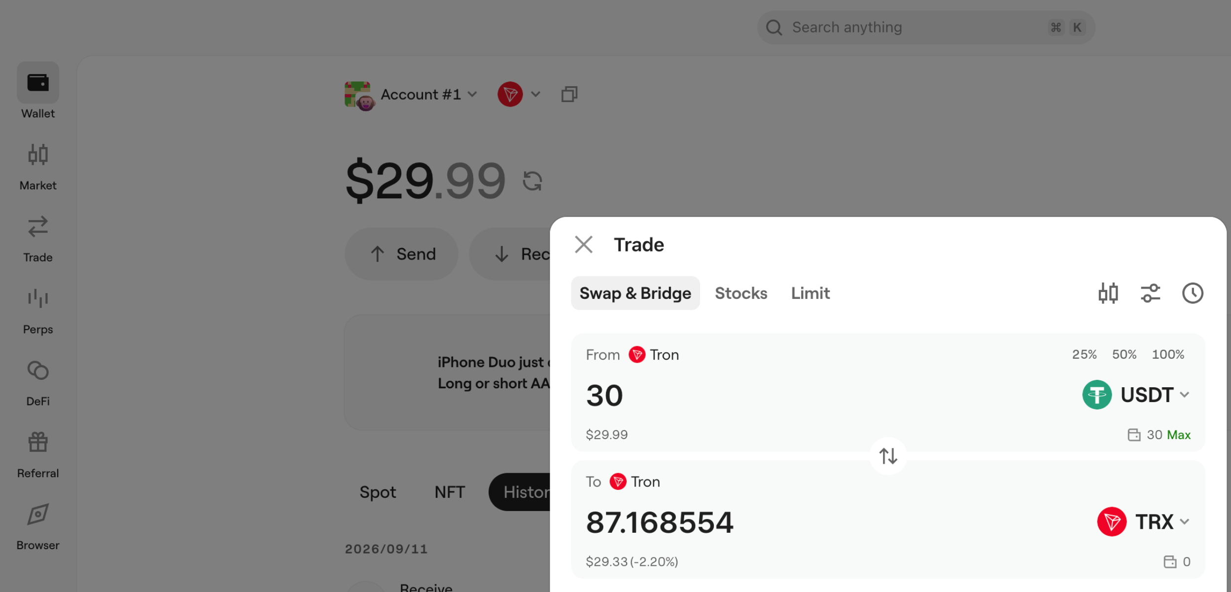 onekey desktop swap usdt to trx popup