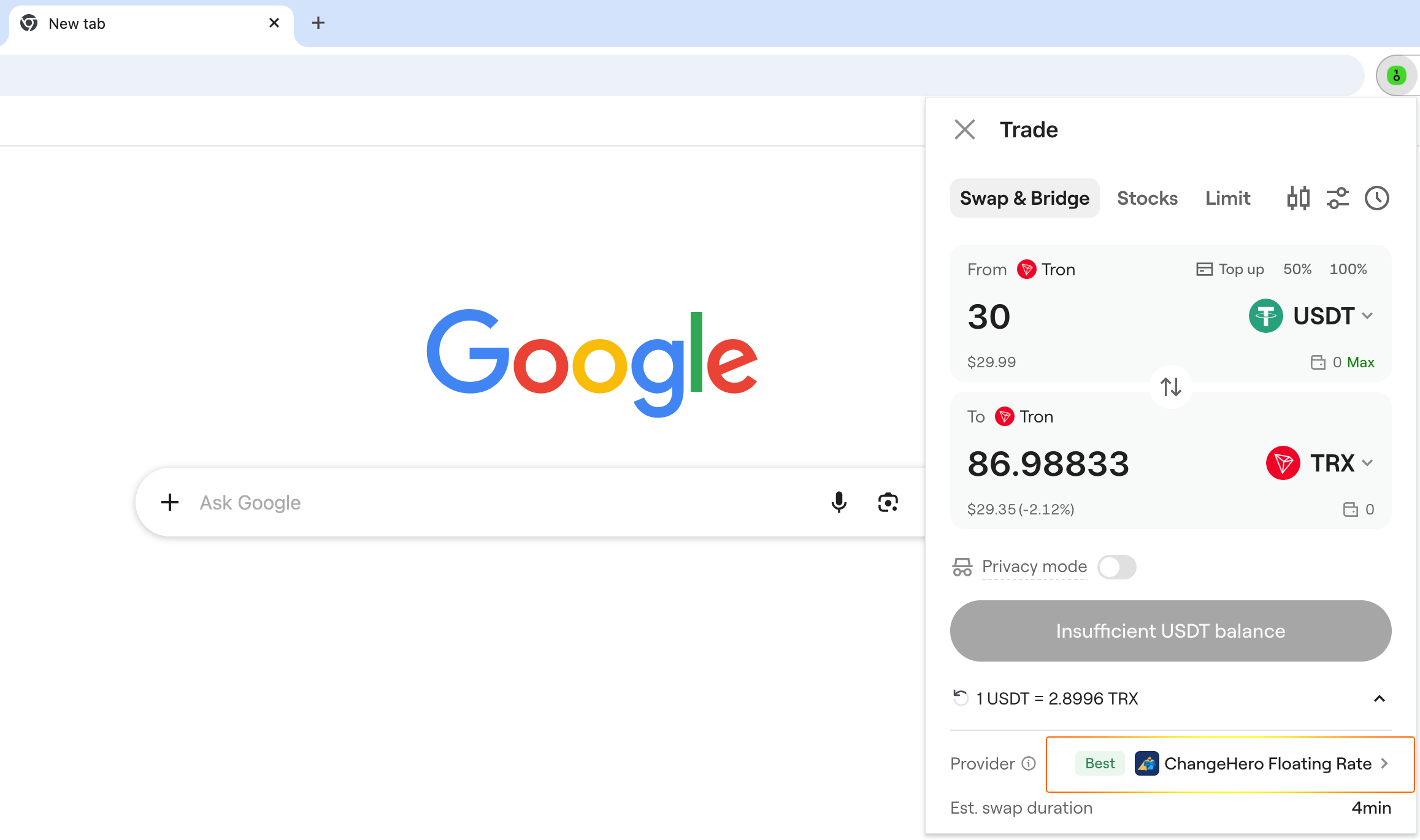 onekey browser extension crypto swap menu