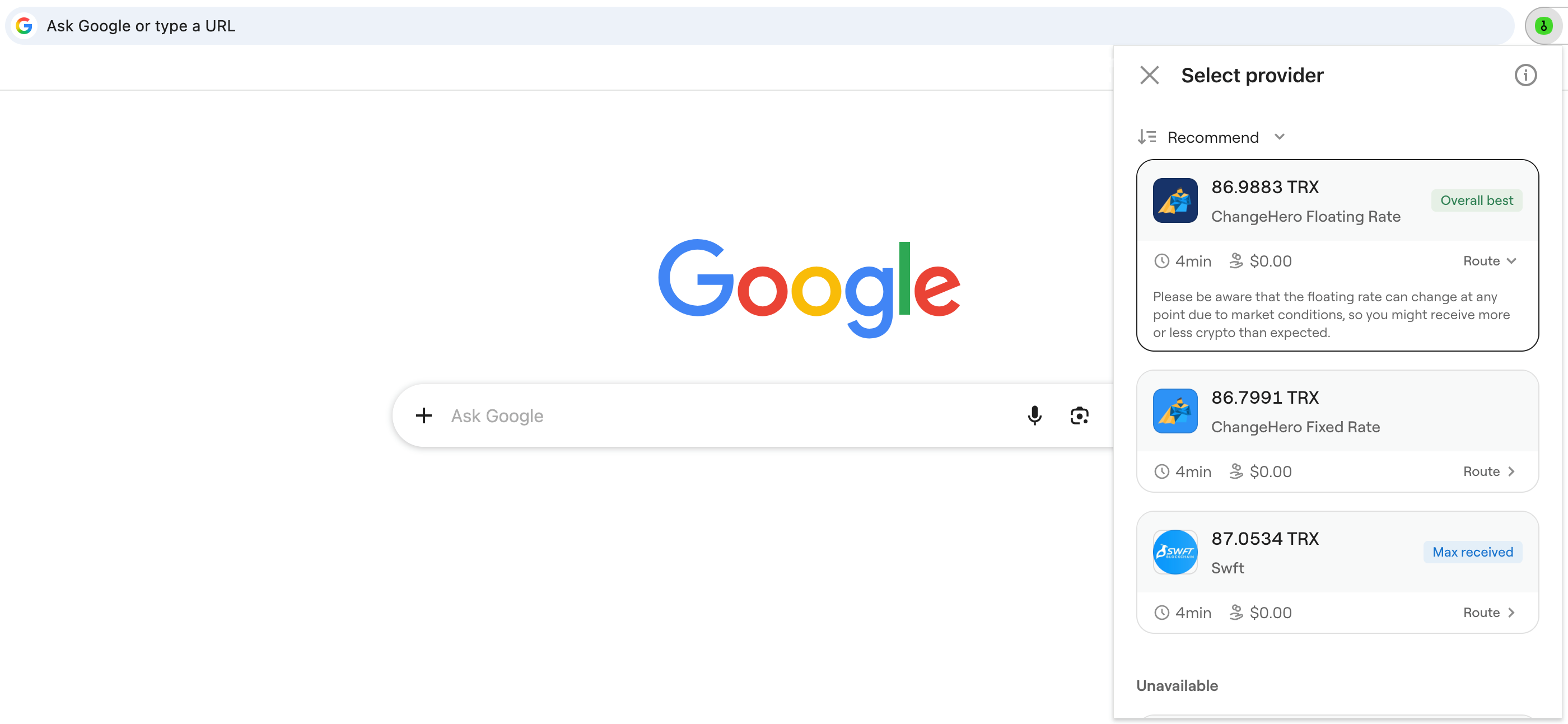 onekey browser extension choose swap provider menu