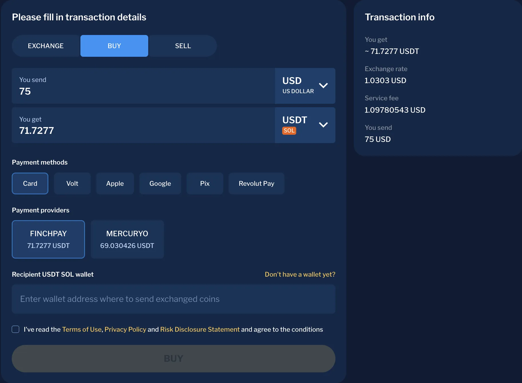 changehero crypto purchase processing interface