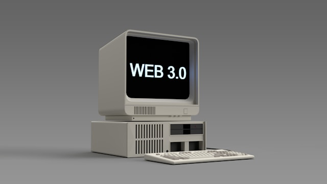 retro computer with web 3.0 displayed in screen