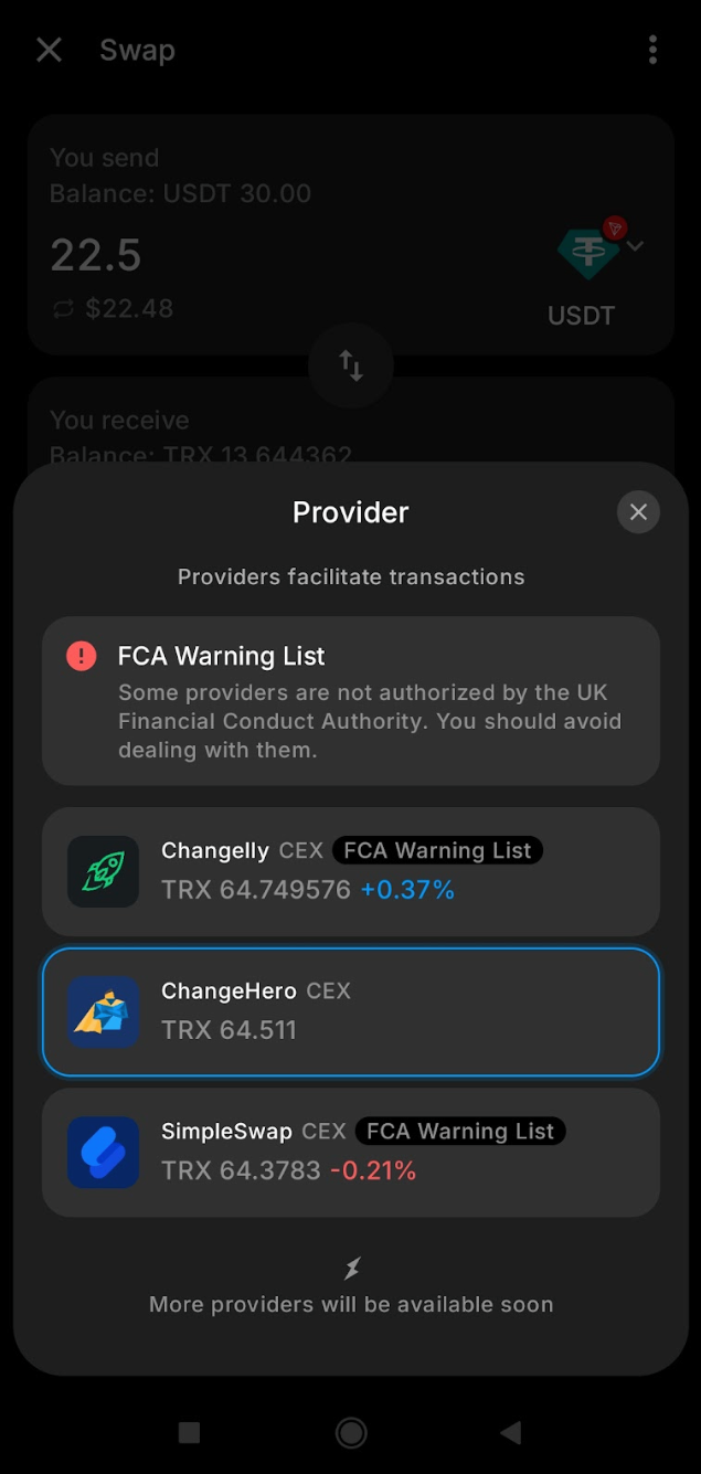 provider choice tab in tangem swap