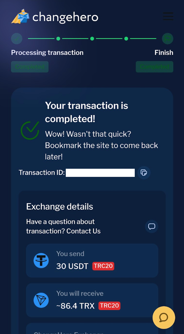 changehero web transaction details