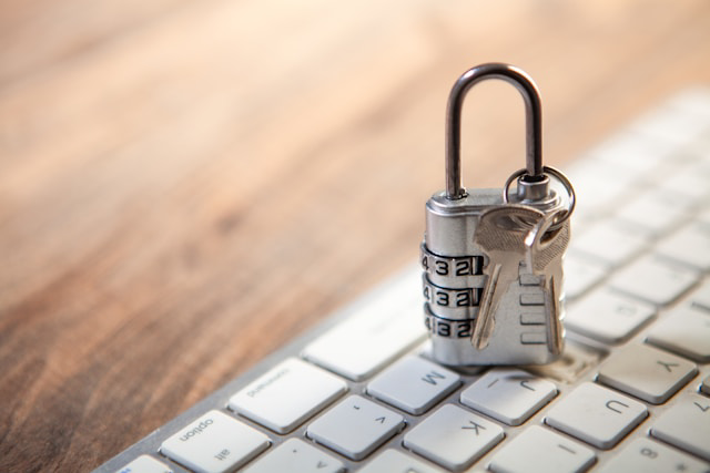 Padlock on computer keyboard. Cyber security and data protection concept